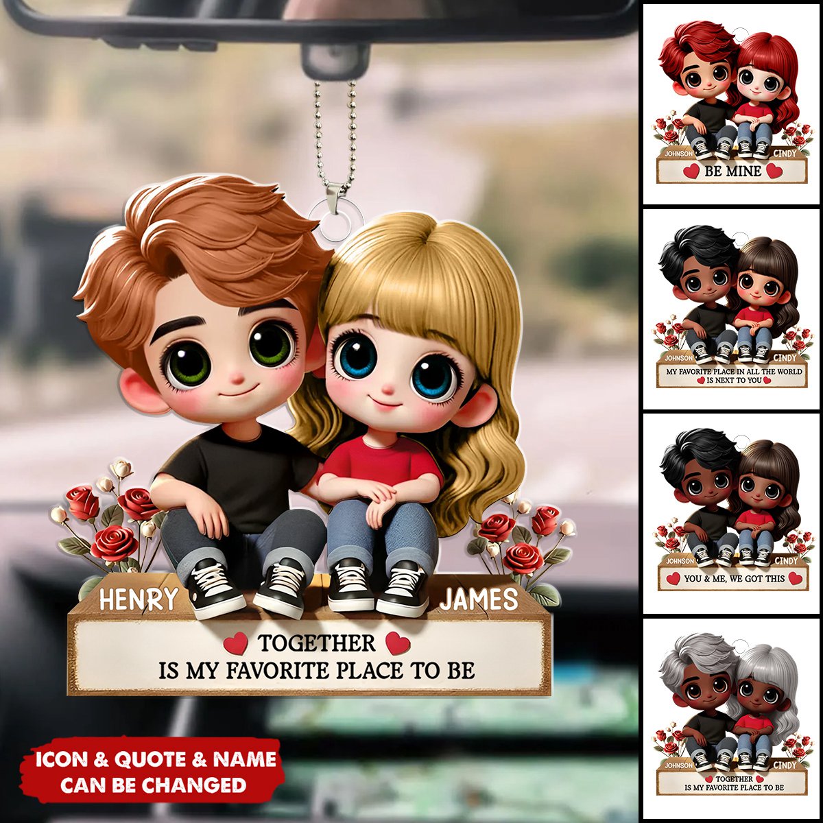 Cartoon Couple Sitting Next To Each Other Personalized Acrylic Car Ornament - Anniversary Valentine's Day Gift For Husband, Wife