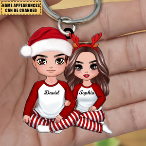 Christmas Doll Couple Sitting Hugging Personalized Keychain