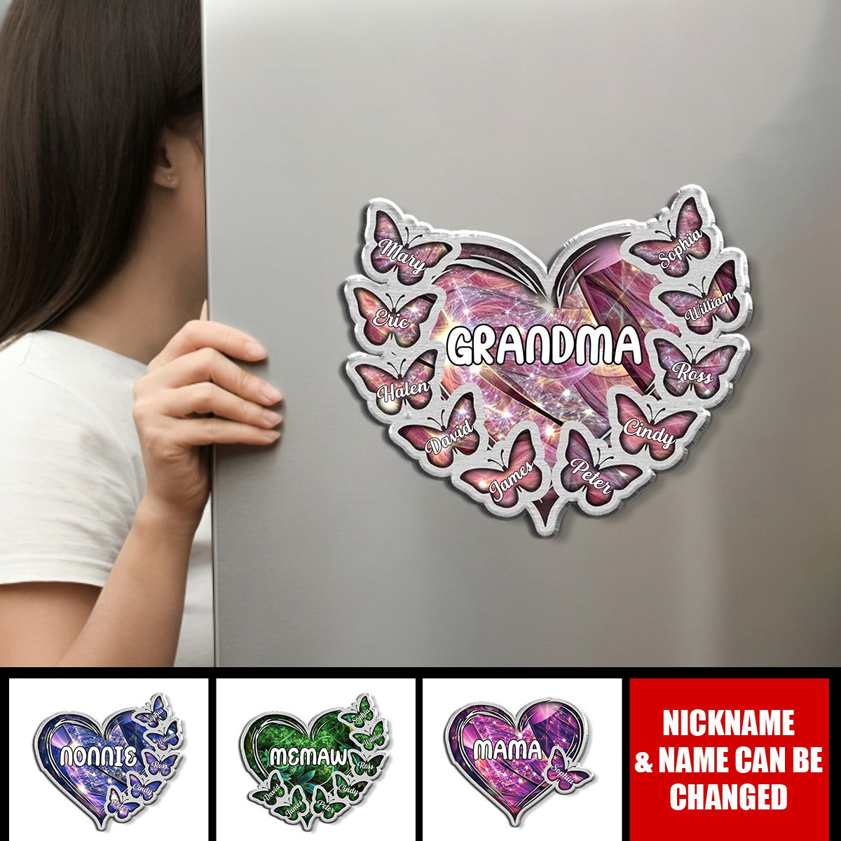 Sparkling Grandma Mom Heart Butterfly Kids Personalized Acrylic Magnet