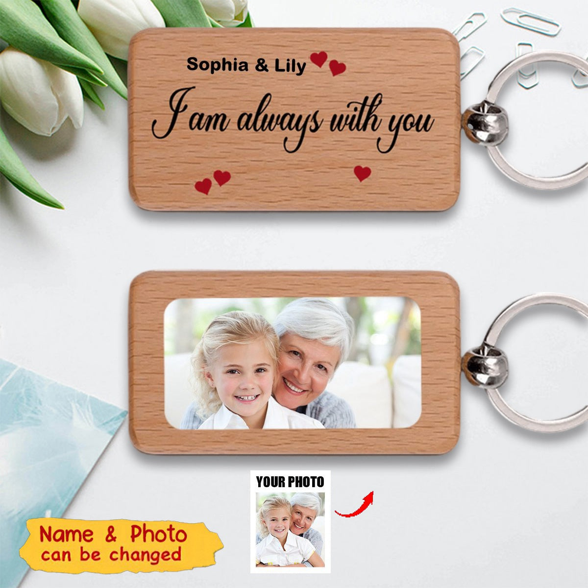 I Am Always With You, Custom Photo - Personalized 2 Sides Wooden Keychain - Gift For Family