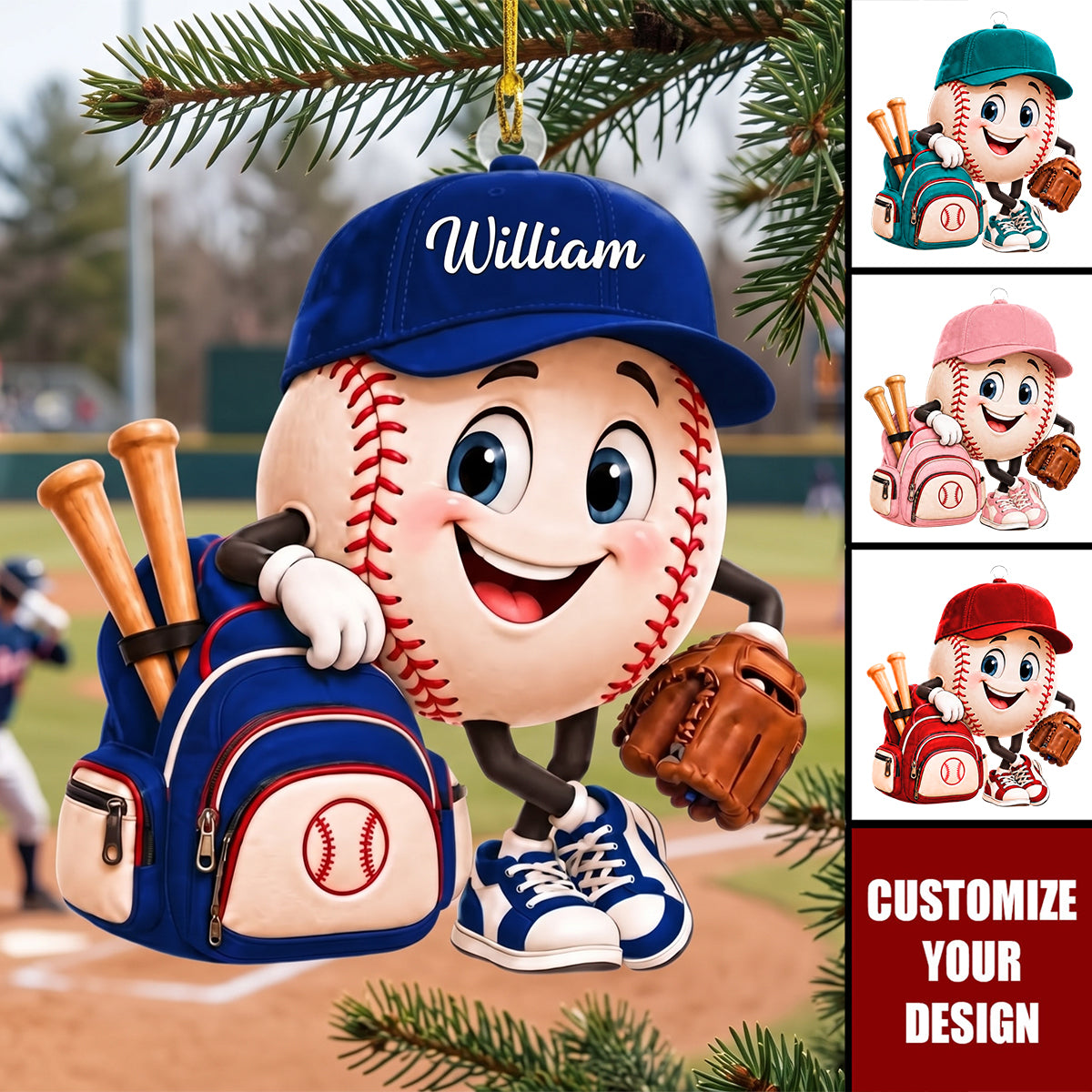 Personalized Baseball Mascot Ornament, Custom Name Baseball Player Christmas Ornament
