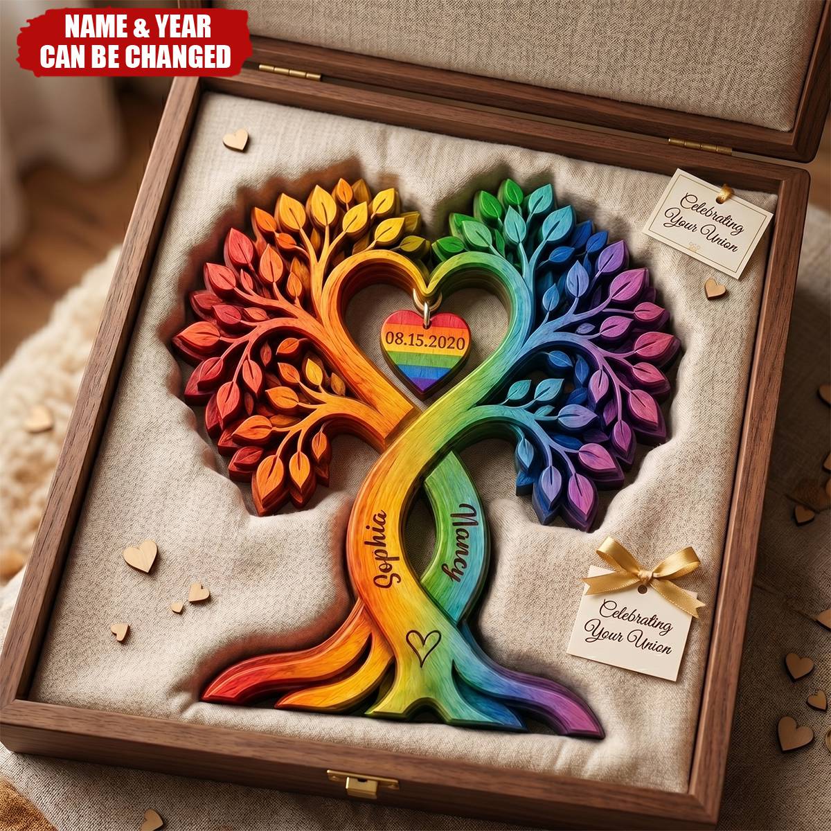 Personalized LGBTQ Family Tree Wooden Block Sign, Custom Rainbow Couple Anniversary Gift