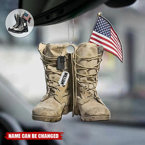 Military Boots And American Flag Personalized Shaped Car Ornament - Perfect Gift For Soliders
