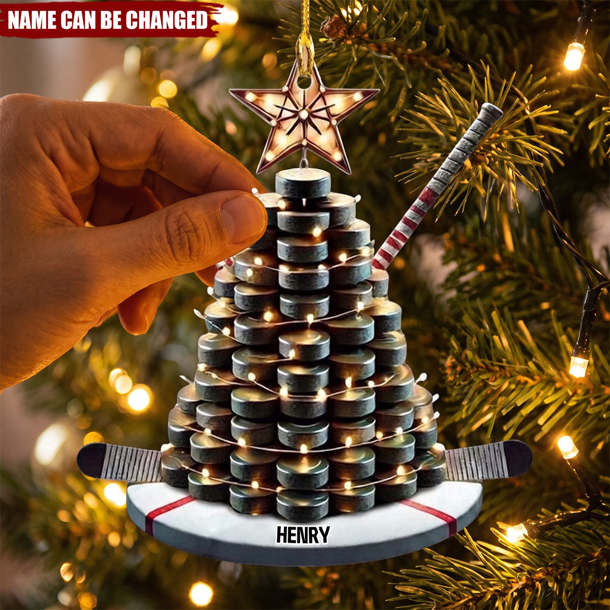 Personalized Hockey Christmas Ornament With Puck, Tree, And Stick