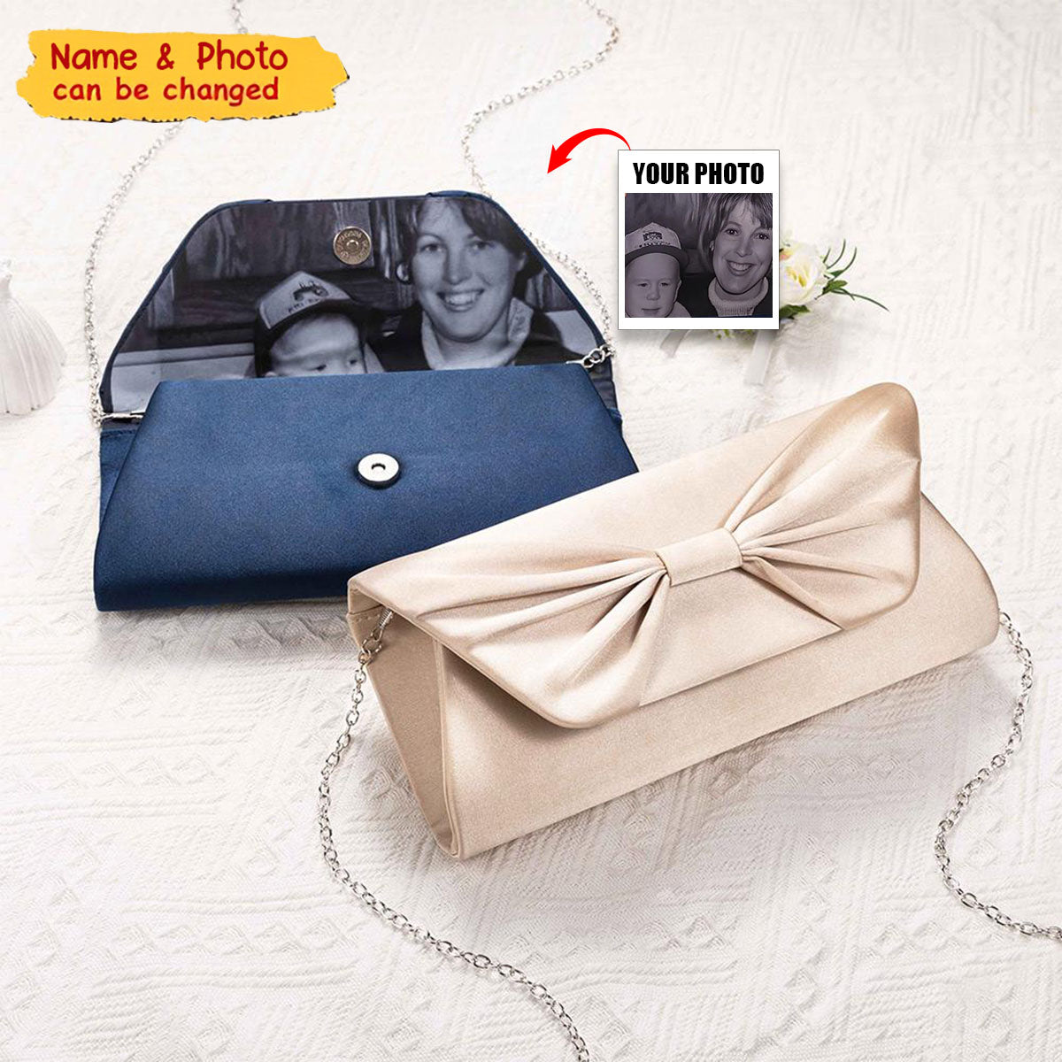 Personalized Silk Bow Tie Clutch With Photo Purse