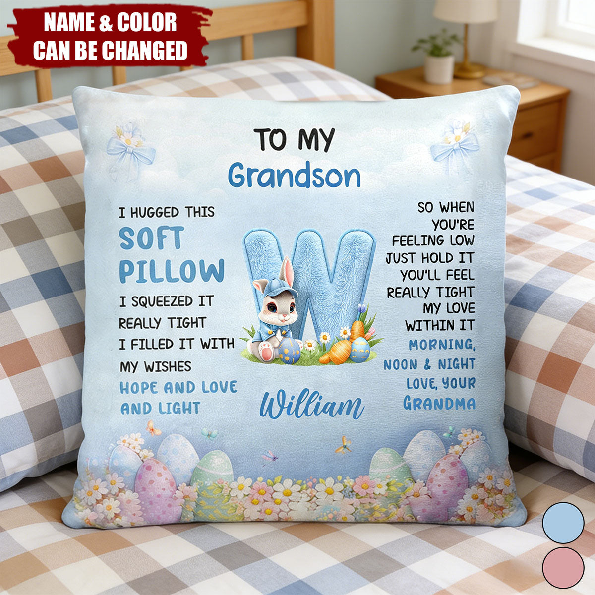 Faux Embroidered Bunny Hugging Initial Letter - Personalized Pillow