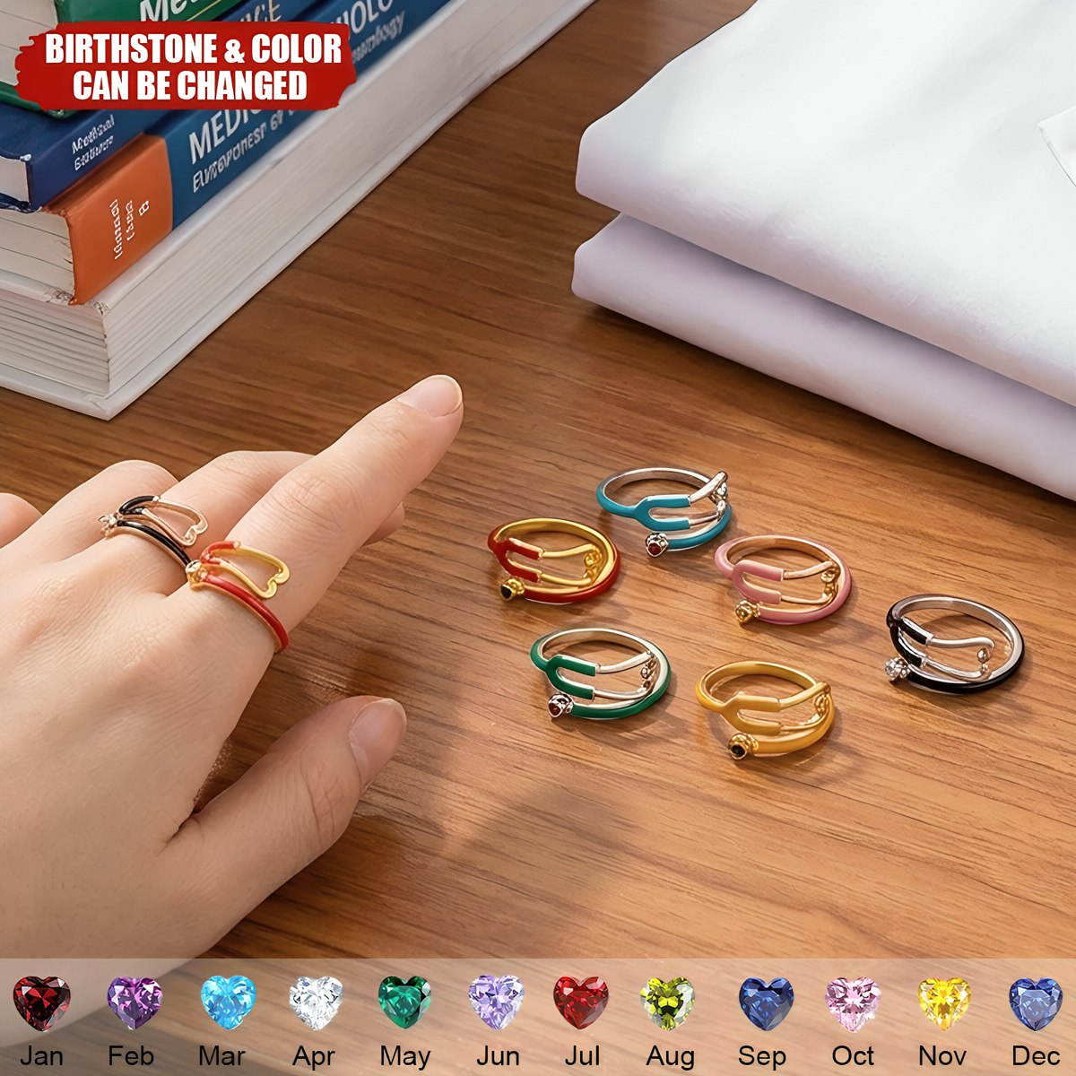 Personalized Multicolor Enamel Stethoscope Heart Birthstone Ring Nurses Week Appreciation Gift for Nurse Doctor Medical Staff