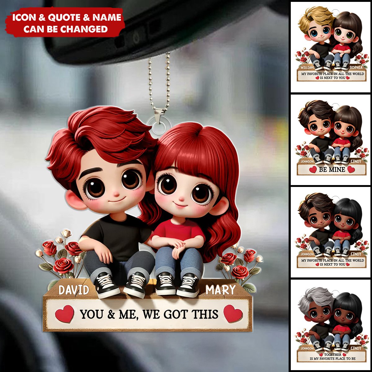 Cartoon Couple Sitting Next To Each Other Personalized Acrylic Car Ornament - Anniversary Valentine's Day Gift For Husband, Wife