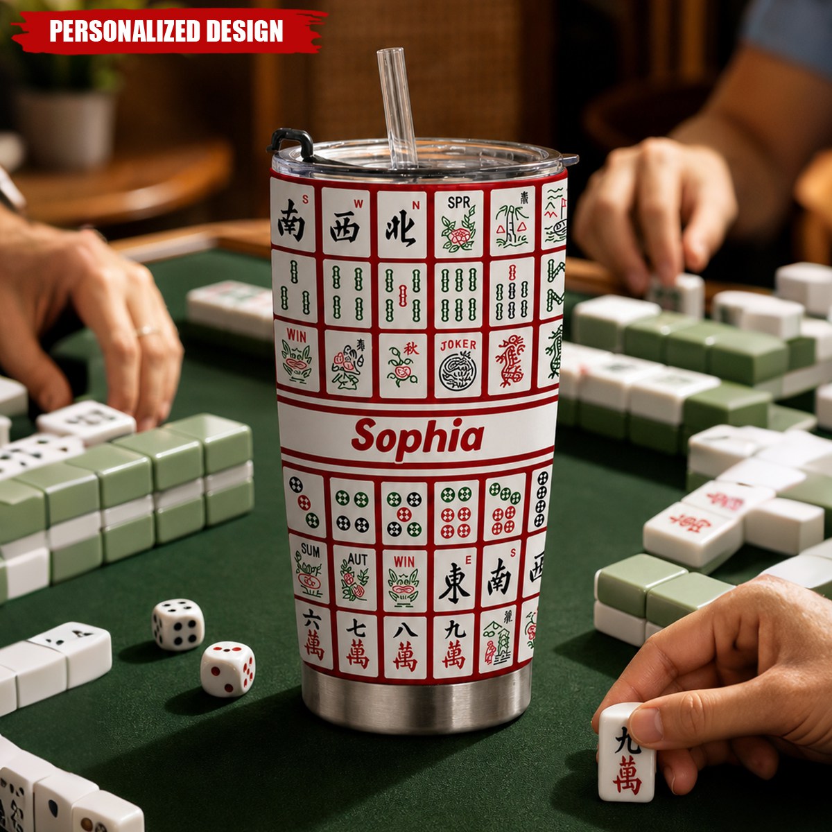 Personalized Mahjong Tiles Stainless Steel Tumbler - Custom Name Mahjong Lover 20oz Travel Cup