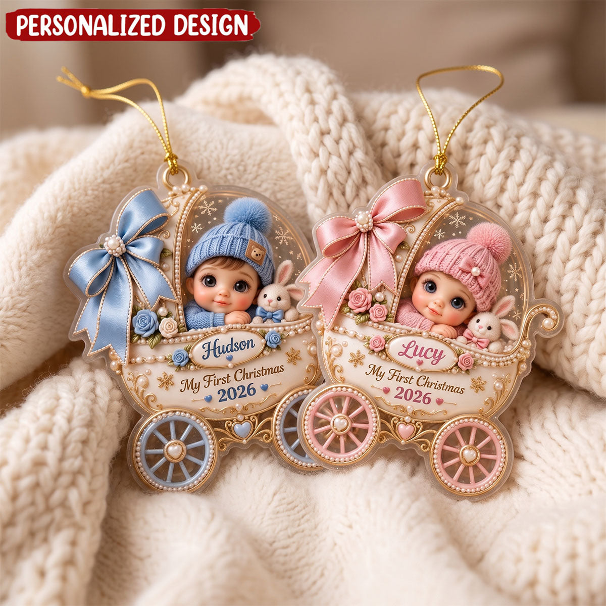 Personalized Baby First Christmas Ornament, Custom Name Baby Carriage Keepsake