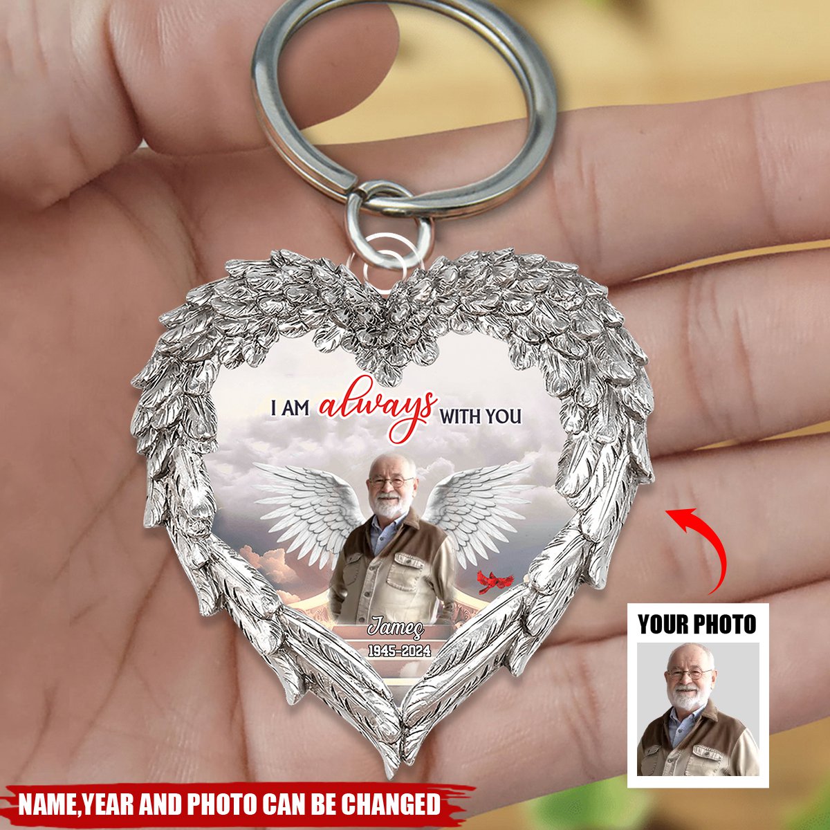 Memorial Upload Photo Wings, In Loving Memory In Heaven Personalized Keychain