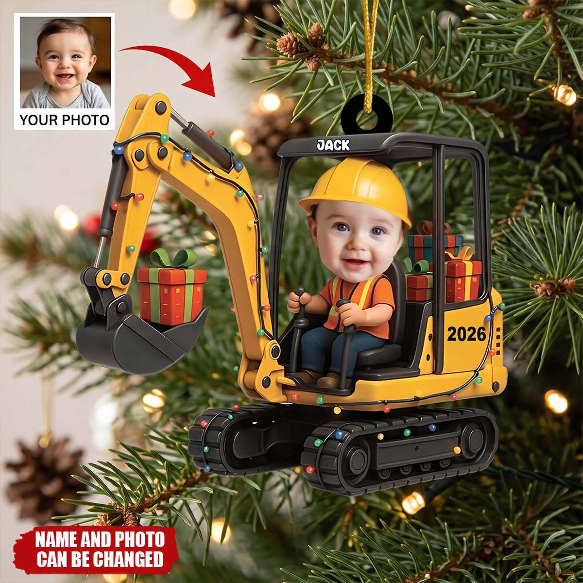 Personalized Excavator Christmas Ornament, Custom Kid Face Keepsake, Gift For Kids & Family