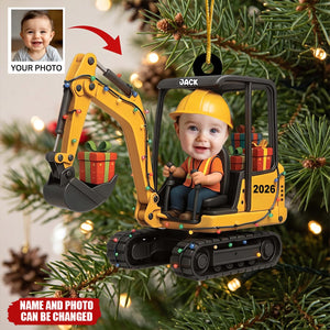 Personalized Excavator Christmas Ornament, Custom Kid Face Keepsake, Gift For Kids & Family