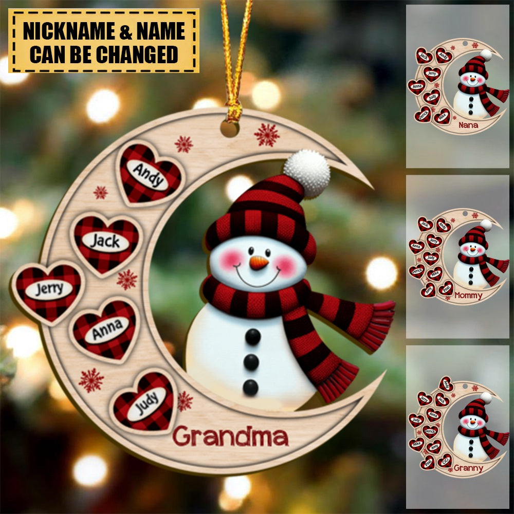 Christmas Happy Snowman Nana Mom Heart Kids On Moon Personalized Ornament