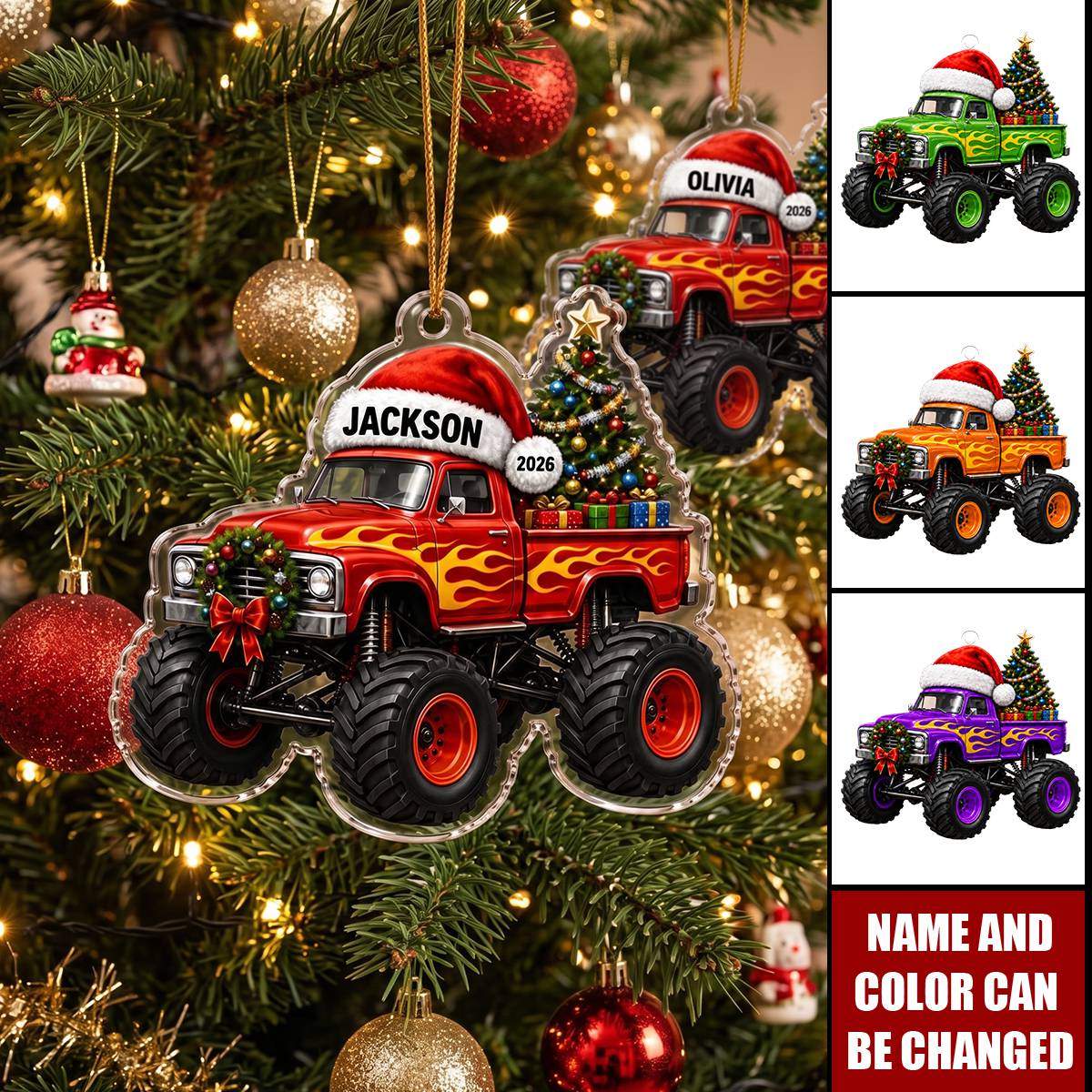 Personalized Monster Truck Christmas Ornament, Custom Name Acrylic Truck Ornament, Boys First Christmas Gift, 2026 Holiday Keepsake