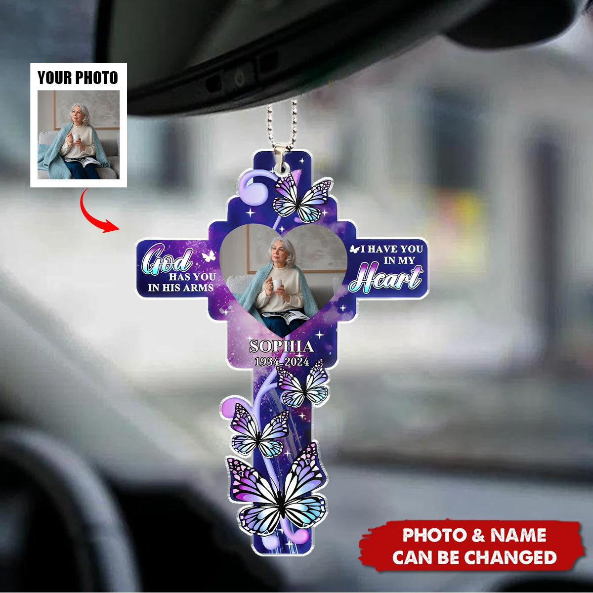 Custom Photo God Has You In His Arms - Personalized Acrylic Car Ornament