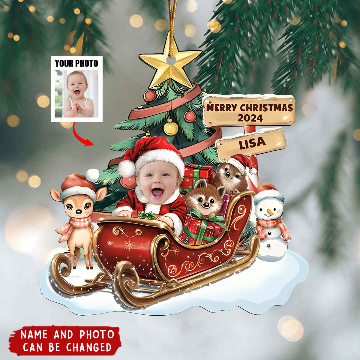 Baby In A Christmas Sleigh - Personalized Acrylic Ornament