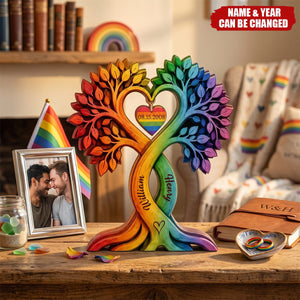 Personalized LGBTQ Family Tree Wooden Block Sign, Custom Rainbow Couple Anniversary Gift