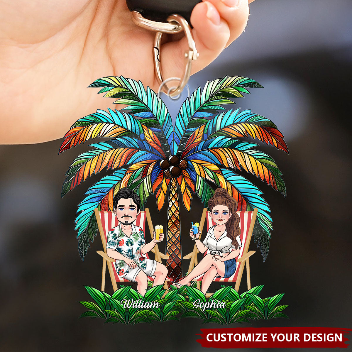Under The Palm Tree Happy Couple - Personalized Couple Keychain