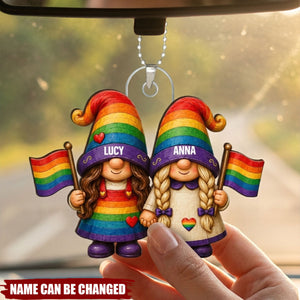 Love Is Love Rainbow Gnome Couple  - Personalized Car Hanger