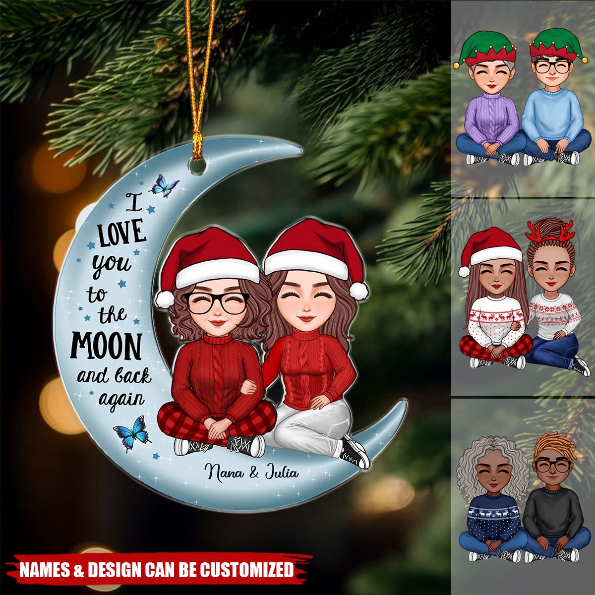 Cute Grandma & Teenage Grandkid Granddaughter Grandson On Moon Personalized Acrylic Ornament