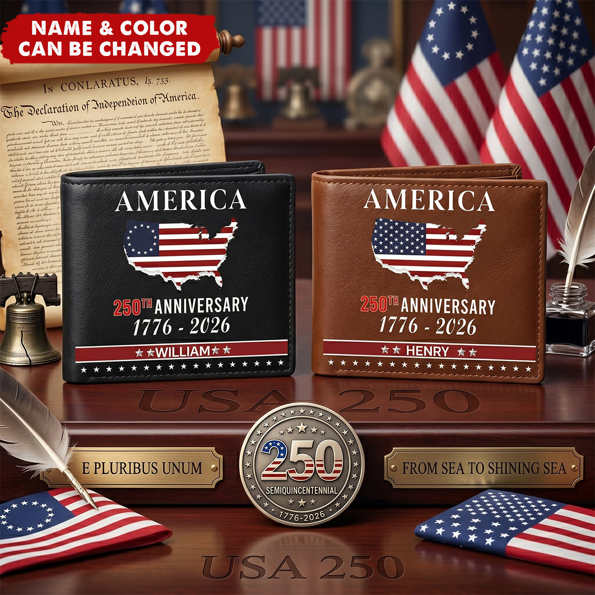 Customized USA 250th Anniversary Wallet - Personalized Name - The Patriot's Gift
