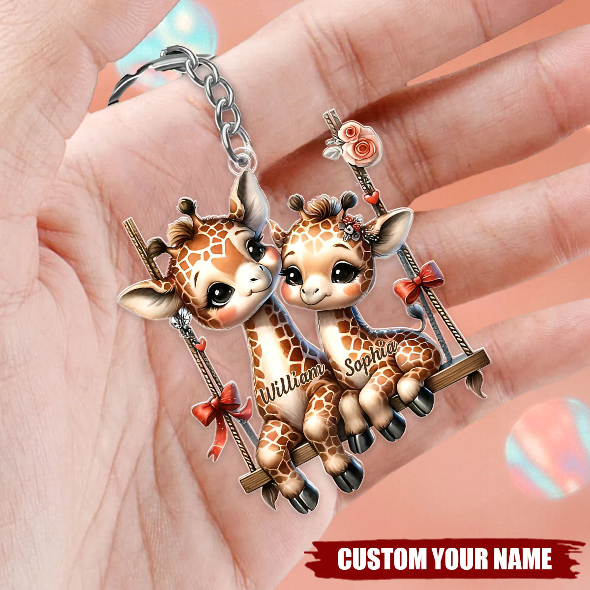 Swinging Into Love Adorable Giraffe Couple Personalized Acrylic Keychain