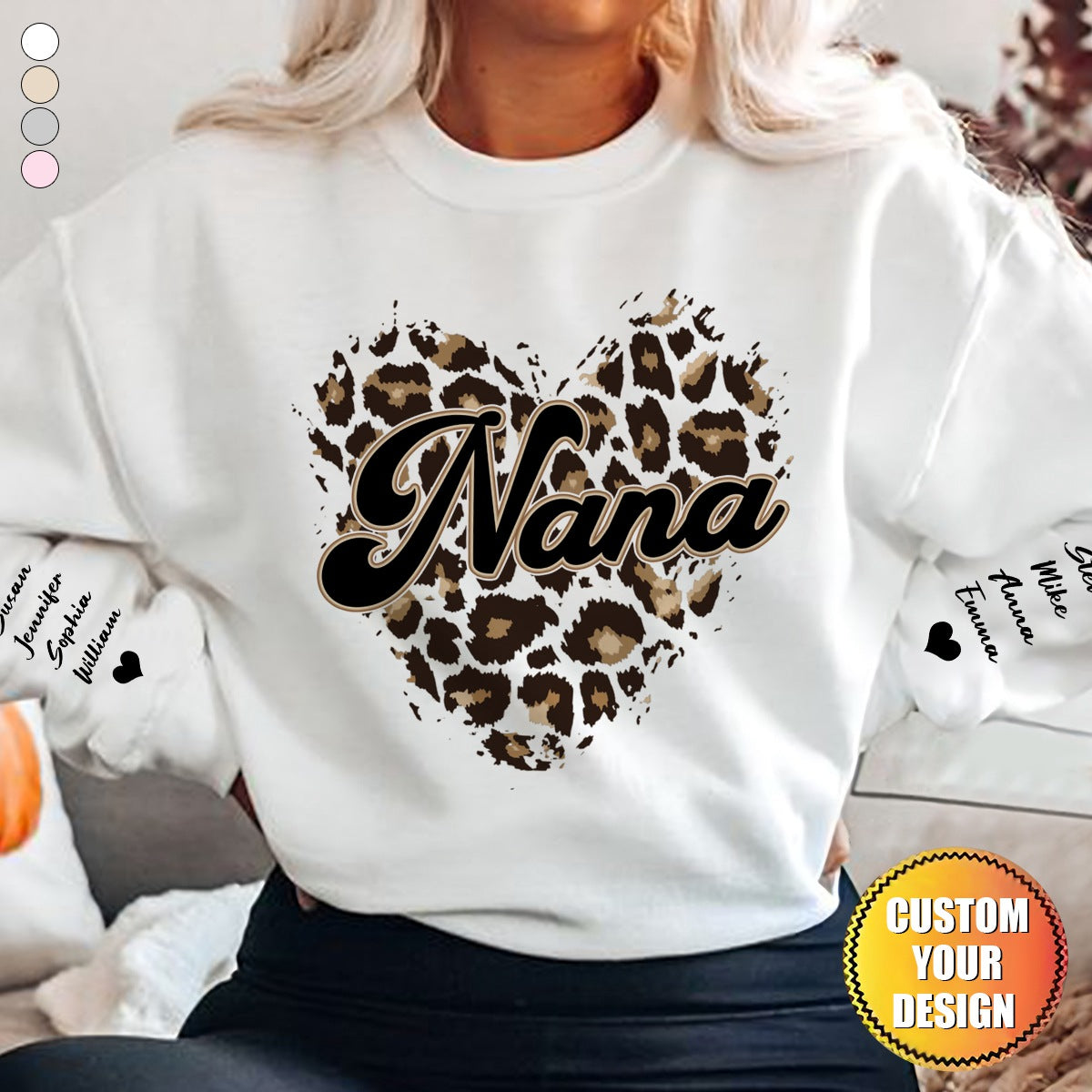 Grandma Heart Leopard Pattern Personalized Sweatshirt Sleeve Kid Names