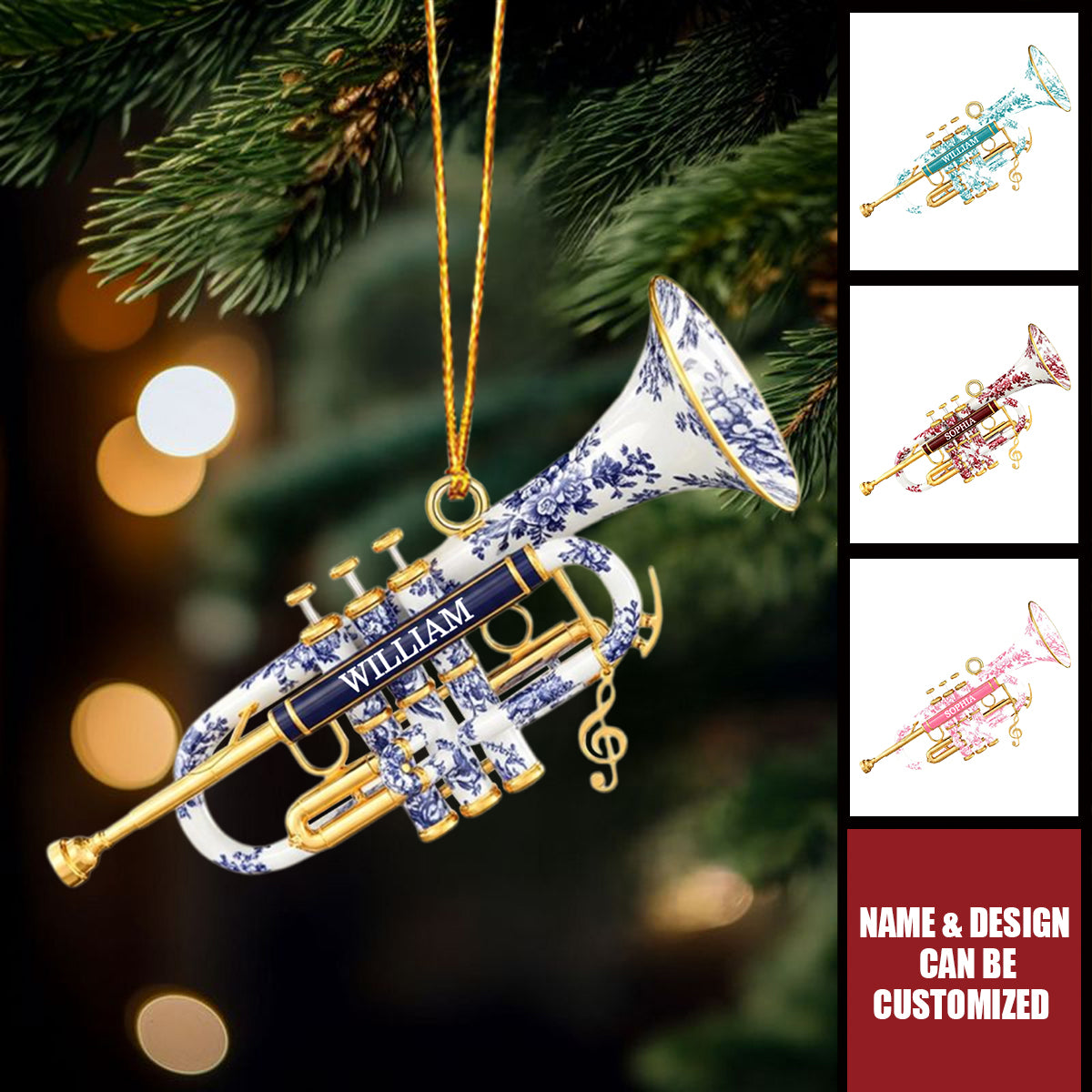 Trumpet Toile de Jouy Personalized Christmas Acrylic Ornament