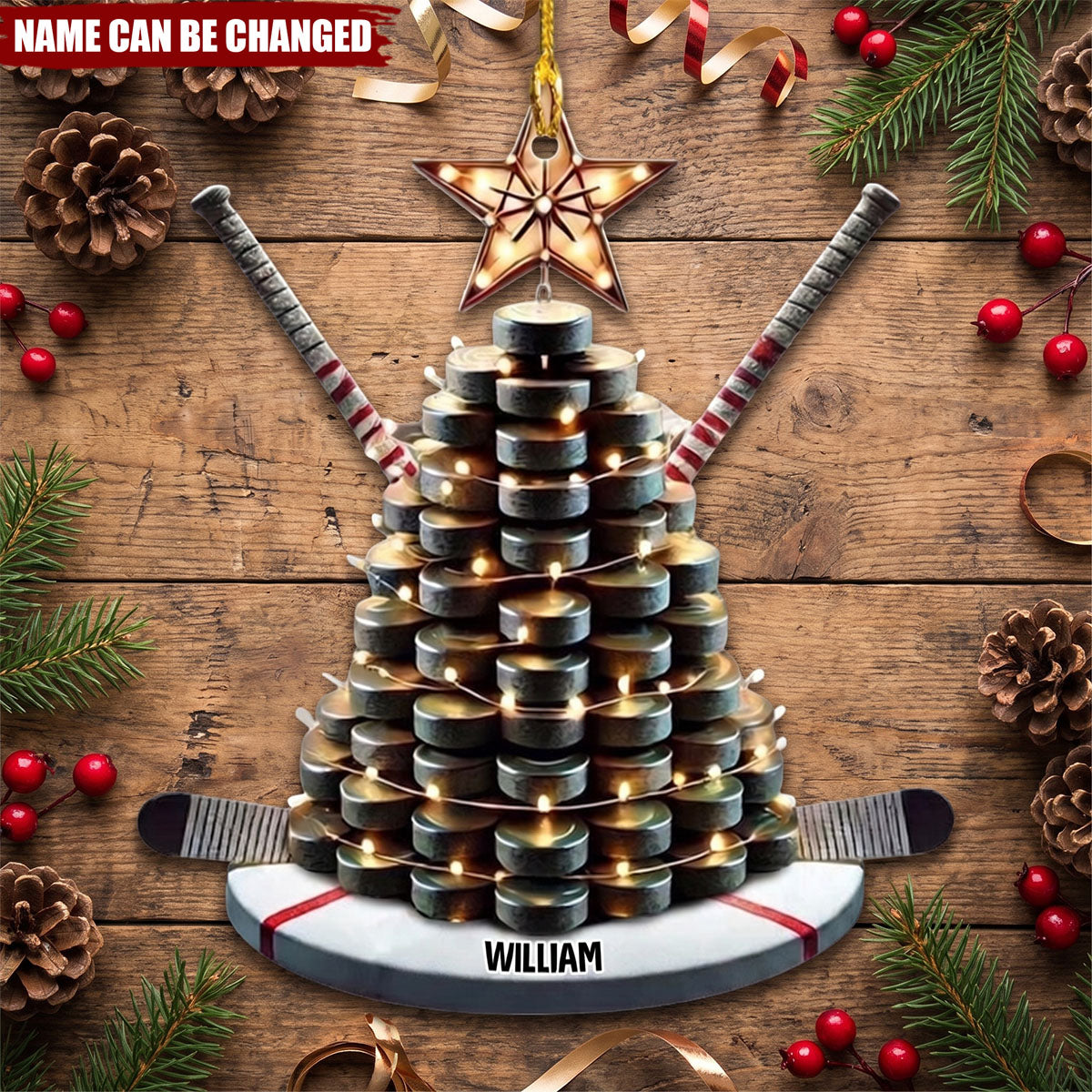 Personalized Hockey Christmas Ornament With Puck, Tree, And Stick