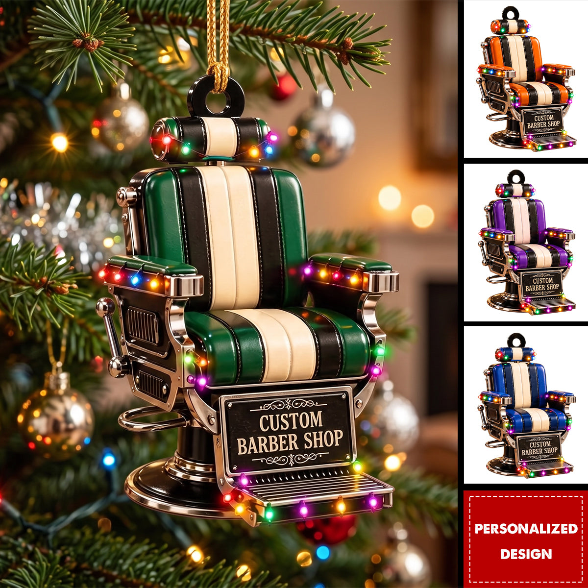 Custom Name Barber Chair Christmas Acrylic Ornament, Christmas Tree Hanging Decor