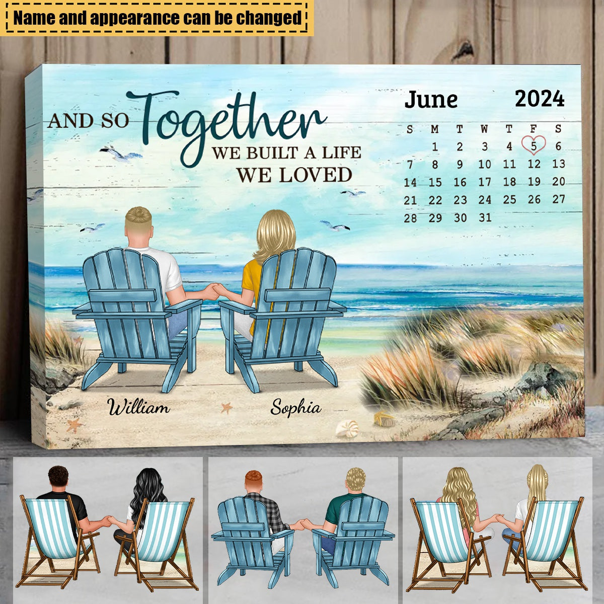 Anniversary Date Back View Couple Sitting Beach Landscape Gift For Him For Her Personalized Horizontal Poster