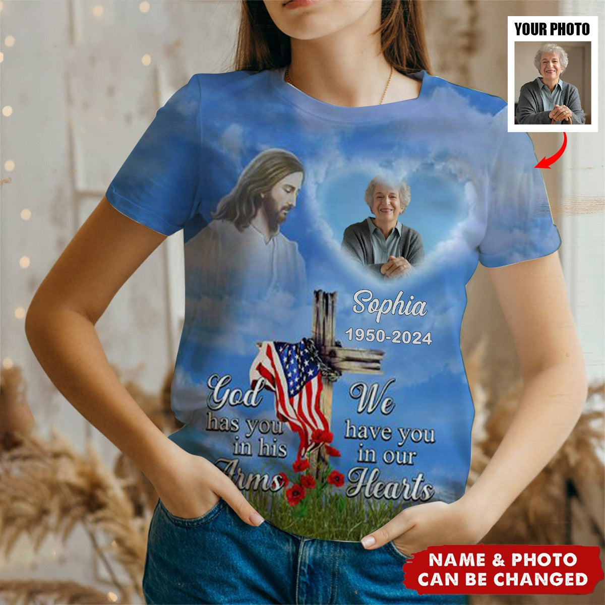 Memorial Upload Photo Jesus Cross Cardinal American Flag, God Has You In His Arms I Have You In My Heart Personalized 3D T-Shirt