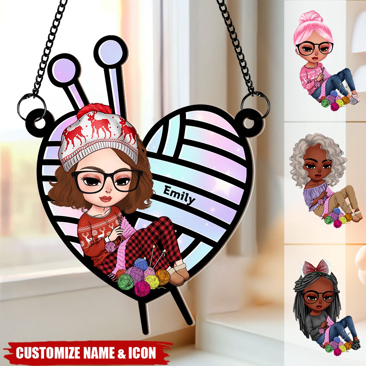 Knitting Girl Personalized Suncatcher Ornament