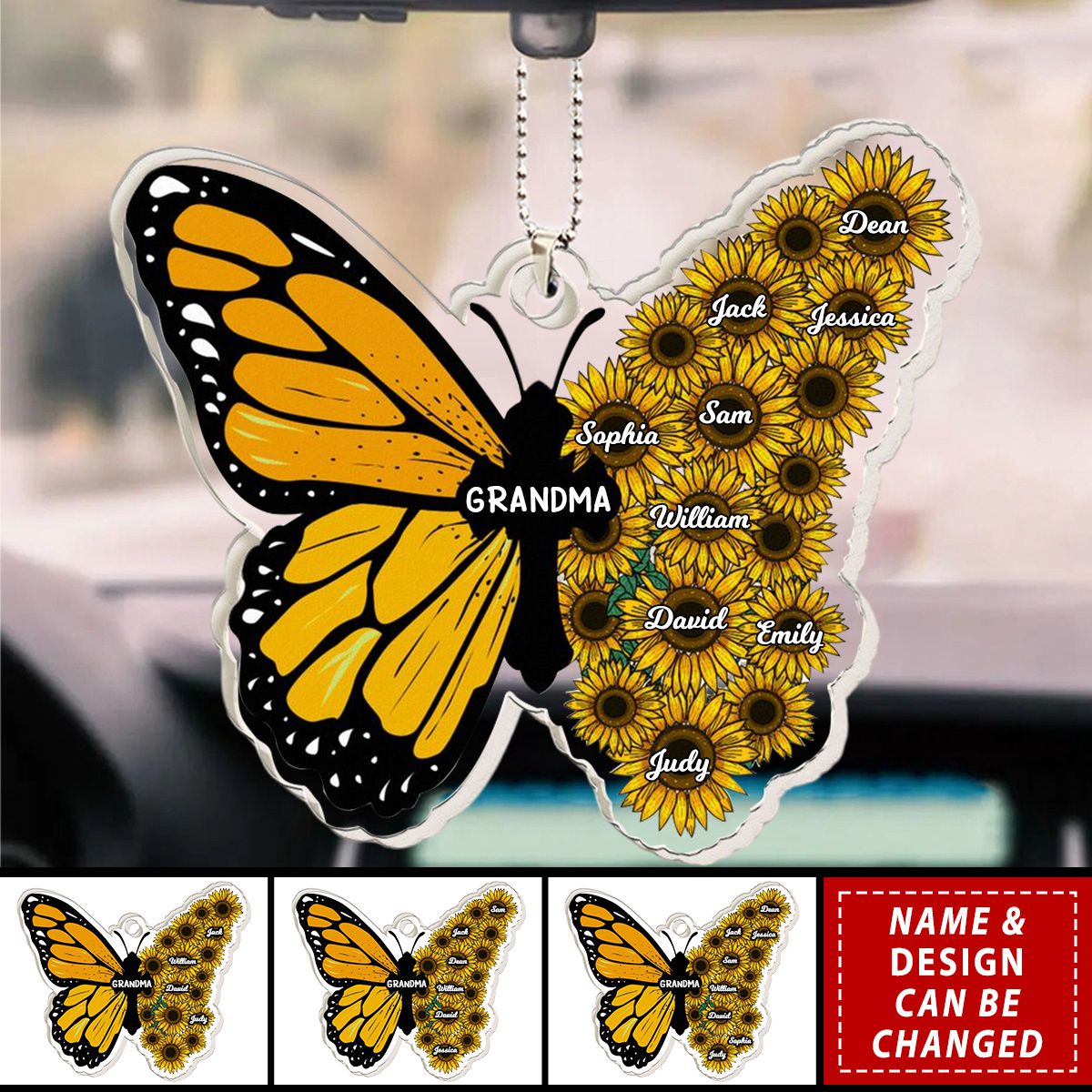 Grandma - Butterfly And Sunflower - Personalized Car Ornament