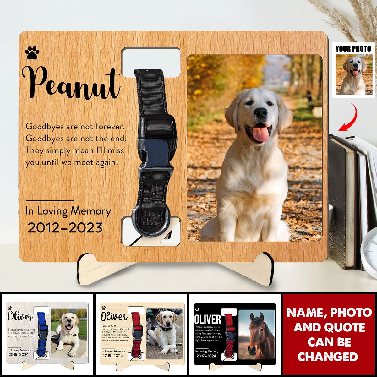 Custom Photo Memorial Gift - In Loving Memory - Personalized Wooden Collar Plaque Sympathy, Bereavement, Condolence for Pet Loss, Dog & Cat Lover