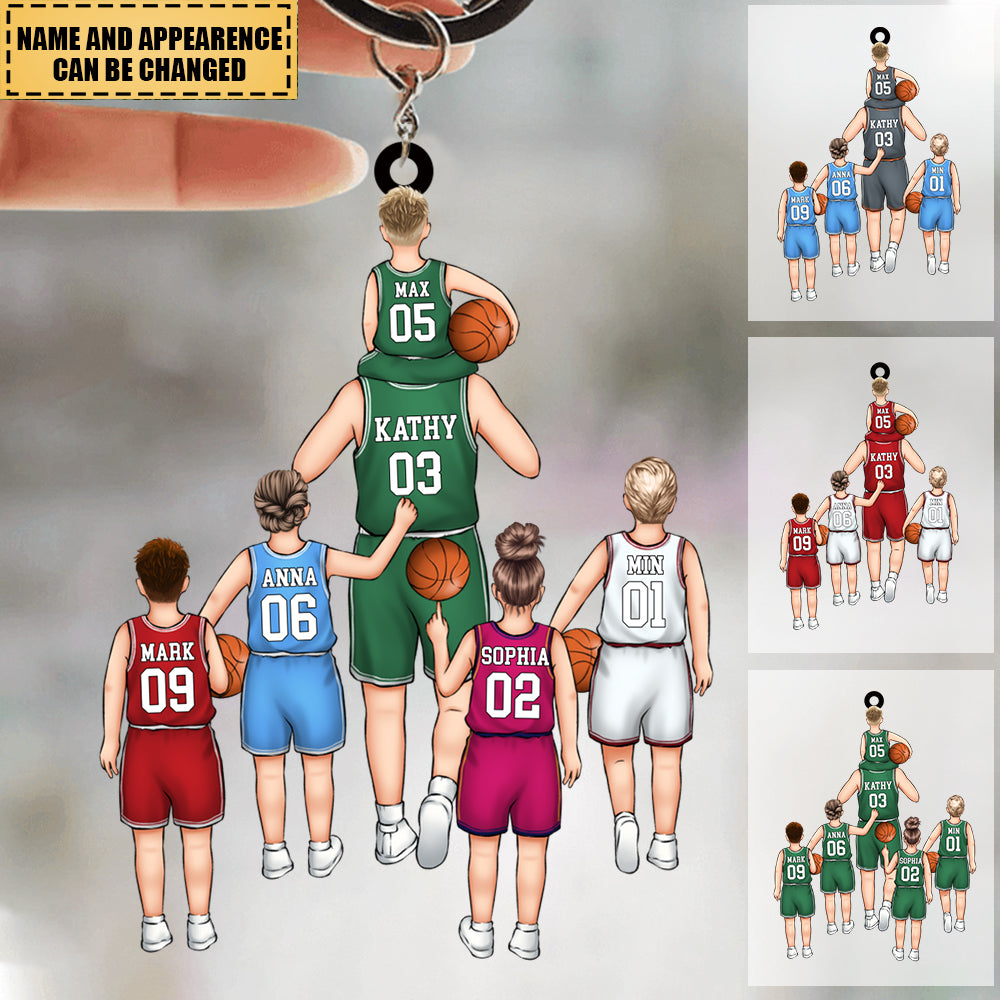 Dad And Kids Play Basketball Together - Personalized Keychain