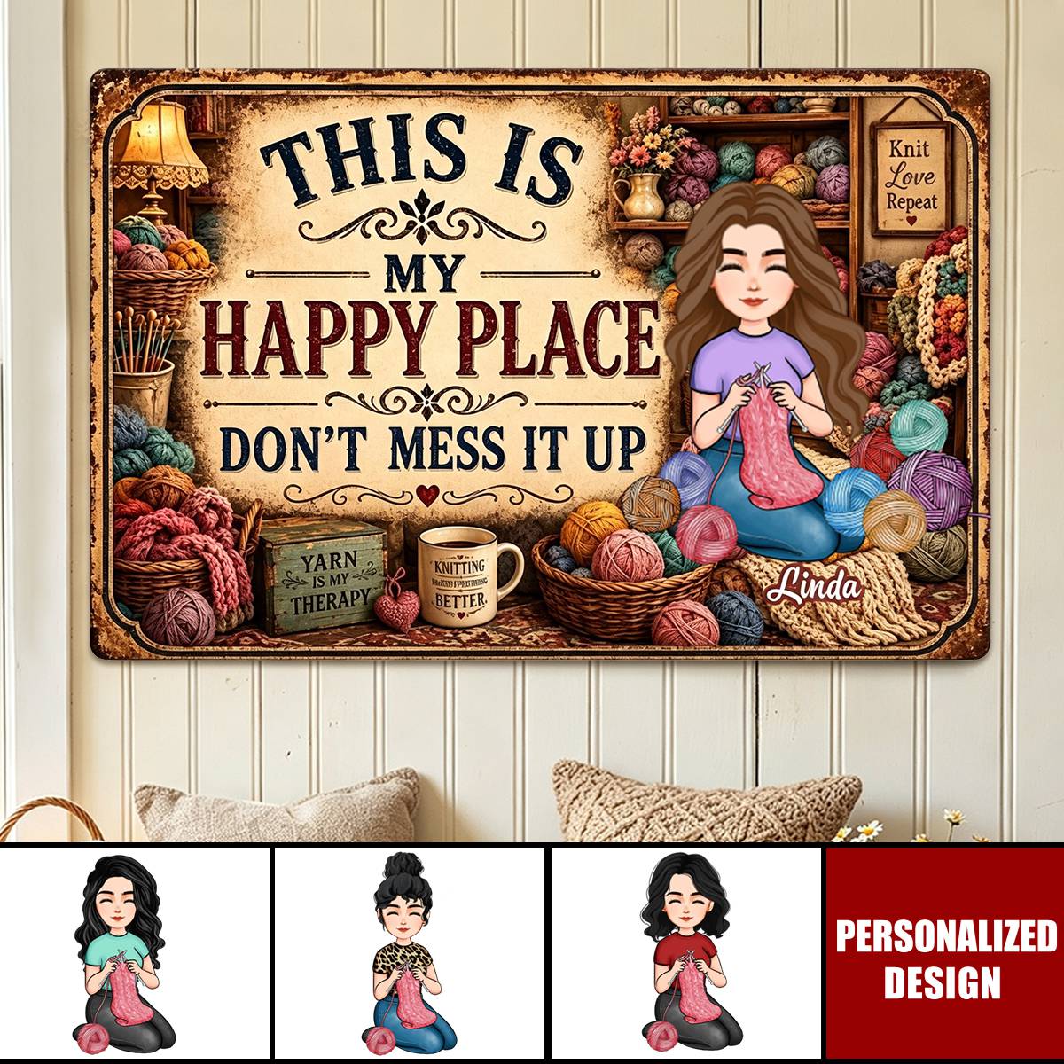 This Is My Happy Place - Funny Metal Sign For Crochet, Knitting Lovers - Personalized Metal Sign