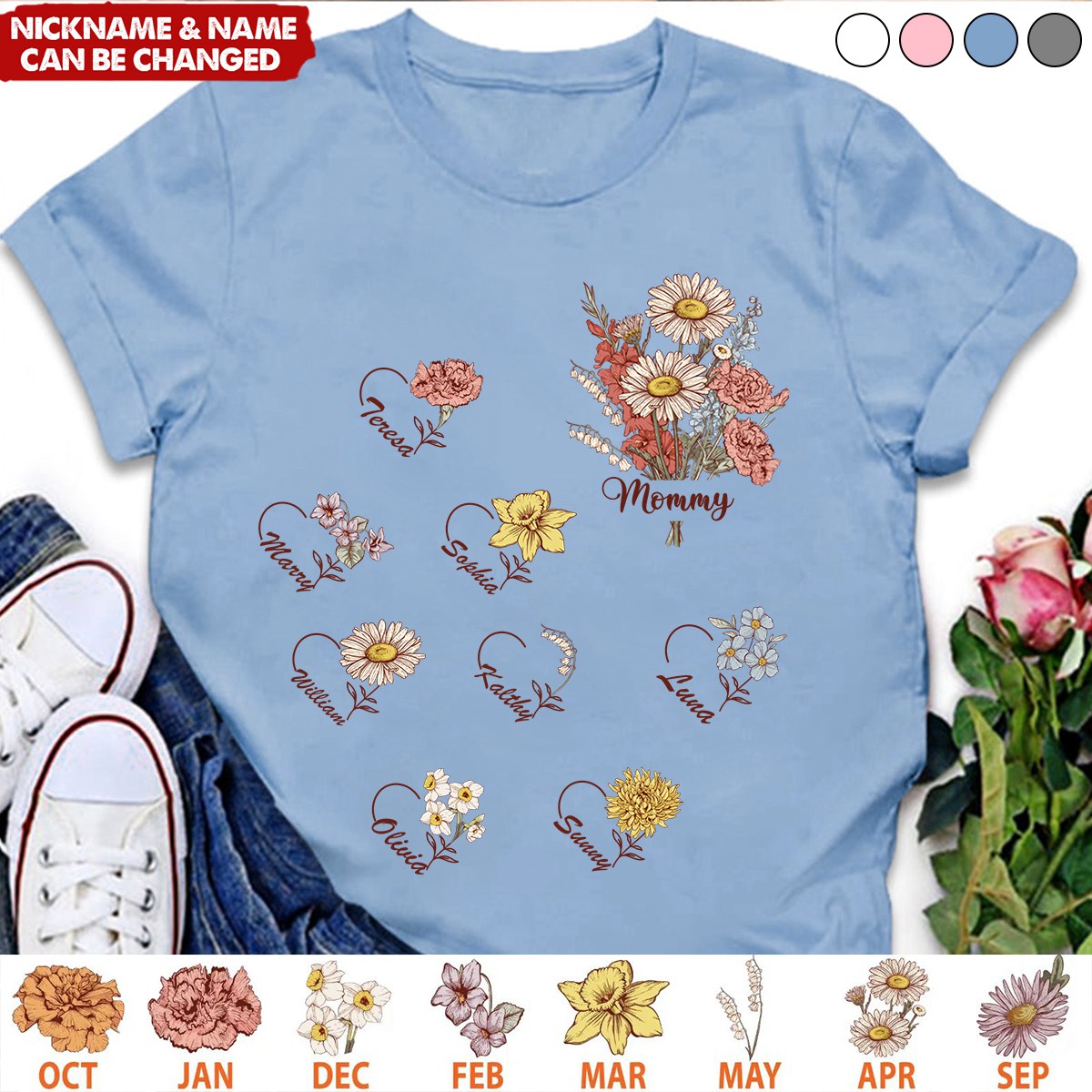 Personalized Birth Month Flower On T-shirt, Gift For Grandma Mom