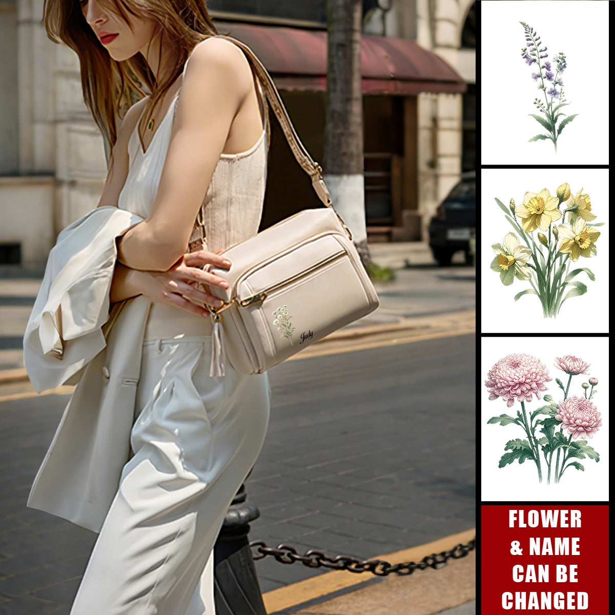 Personalized Birthday Flower Wide Strap Anti-thief Purse Shoulder Crossbody Bag