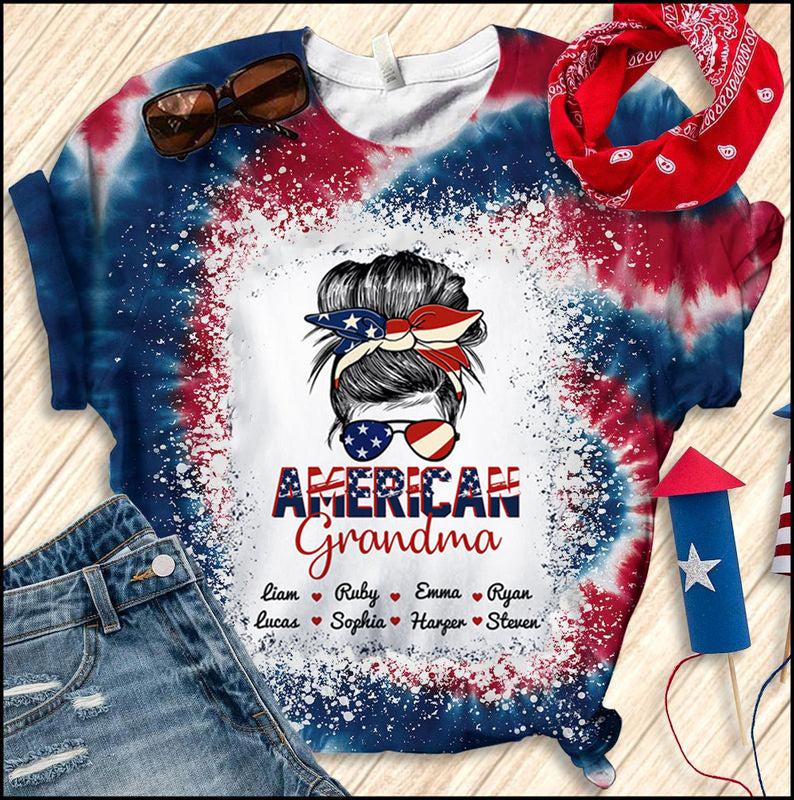Independence Day American Grandma Mom Messy Bun Personalized T-shirt