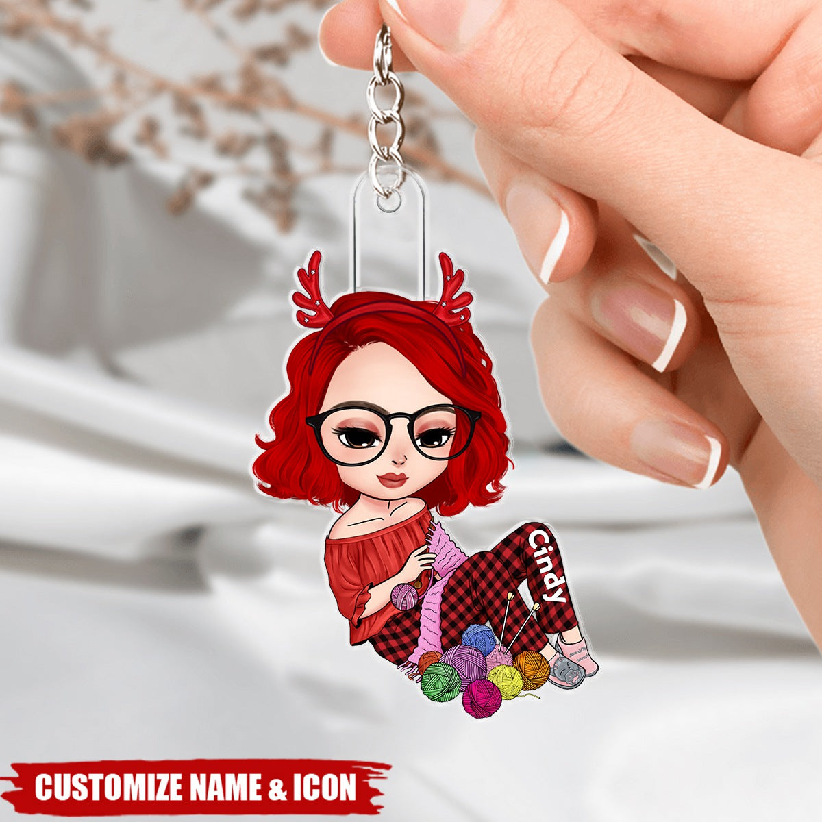 Knitting Girl Personalized Acrylic Keychain, Gift For Knitting Lovers