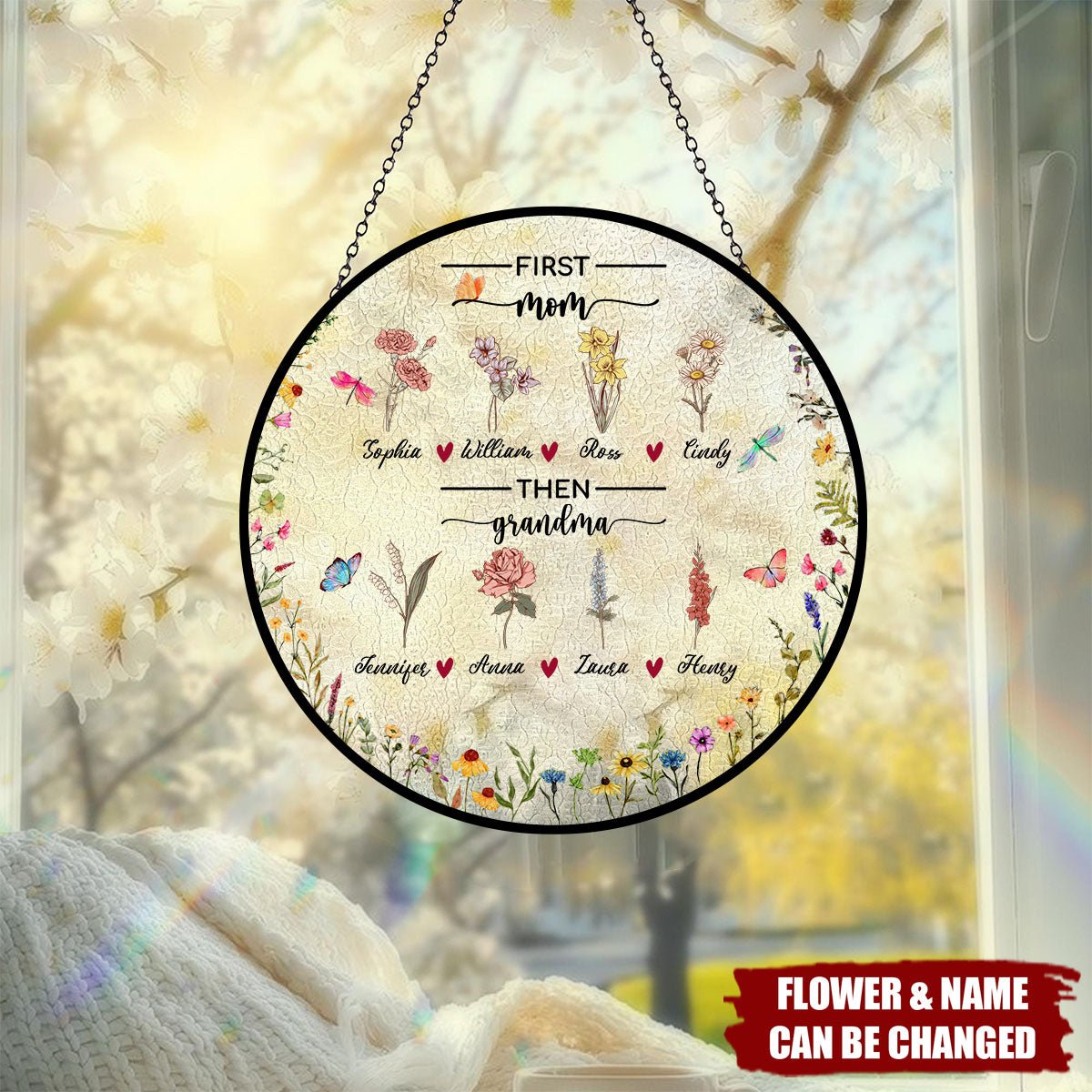 First Mom Now Grandma - Personalized Birth Flowers Stained Glass Suncatcher