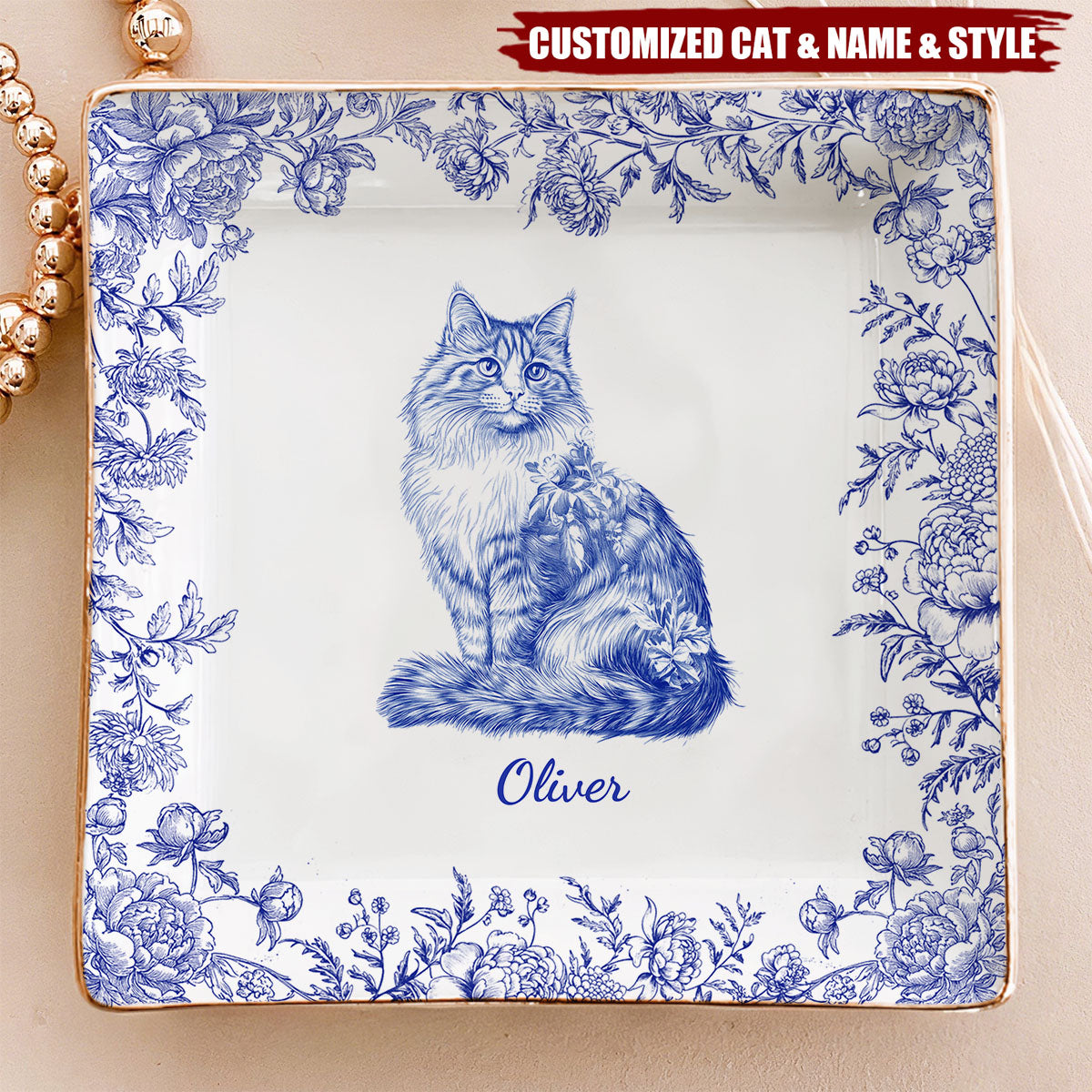 Cat Lover Chinoiserie Toile De Jouy Style - Personalized Jewelry Dish