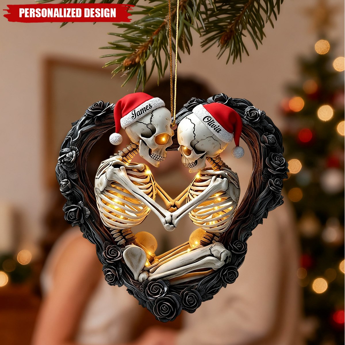 Personalized Skeleton Couple Heart Christmas Ornament - Custom Names Gothic Skull