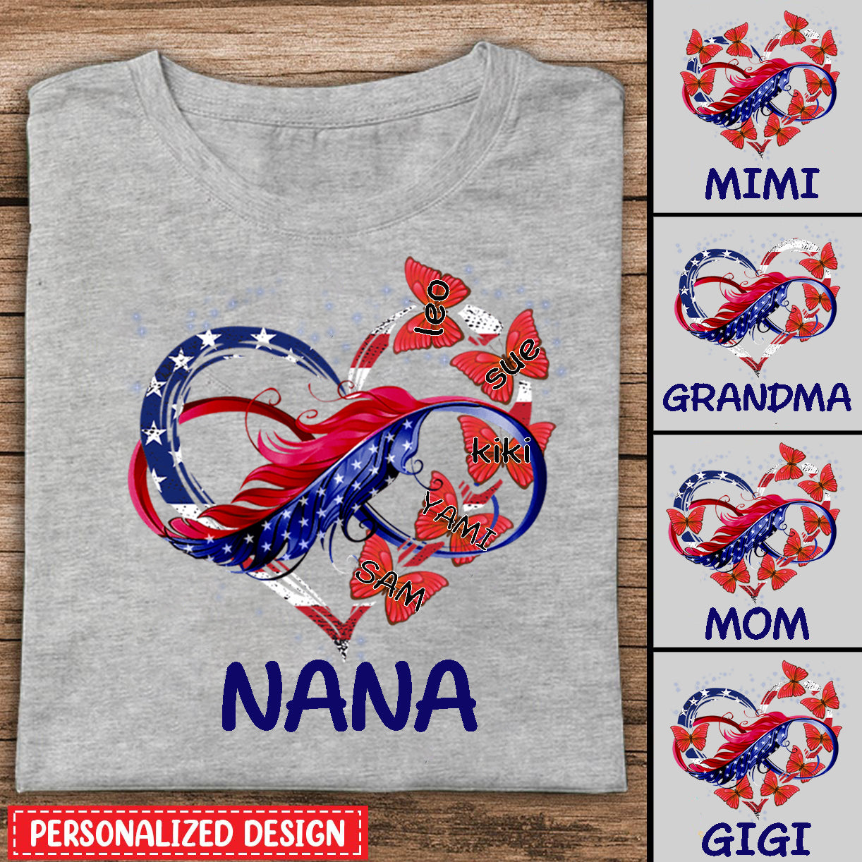 Grandma Nana Mom Butterfly Heart Love Grandkids American Flag Personalized T-shirt