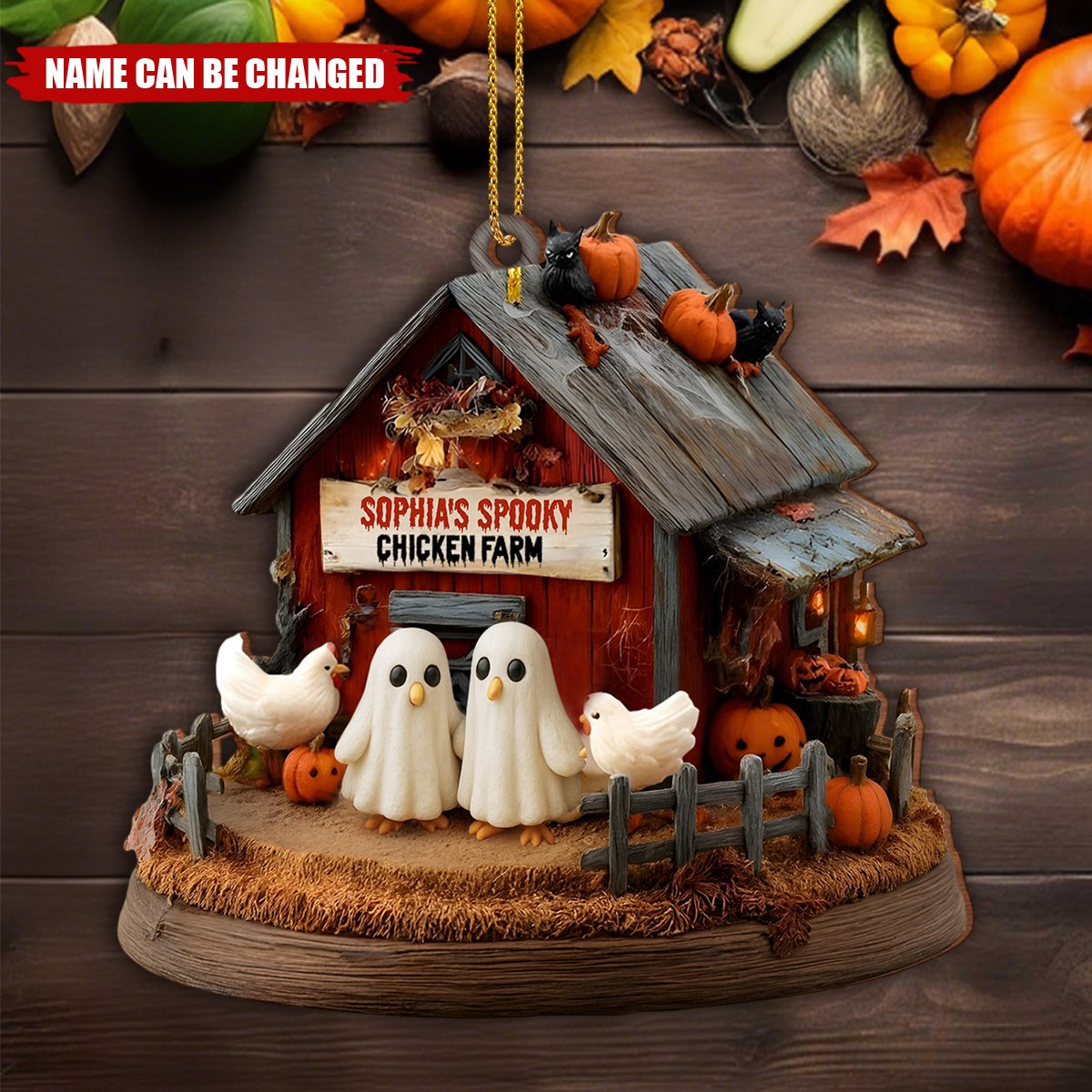 Spooky Chicken Farm, Custom Wood Ornament, Gift For Family and Halloween Enthusiasts