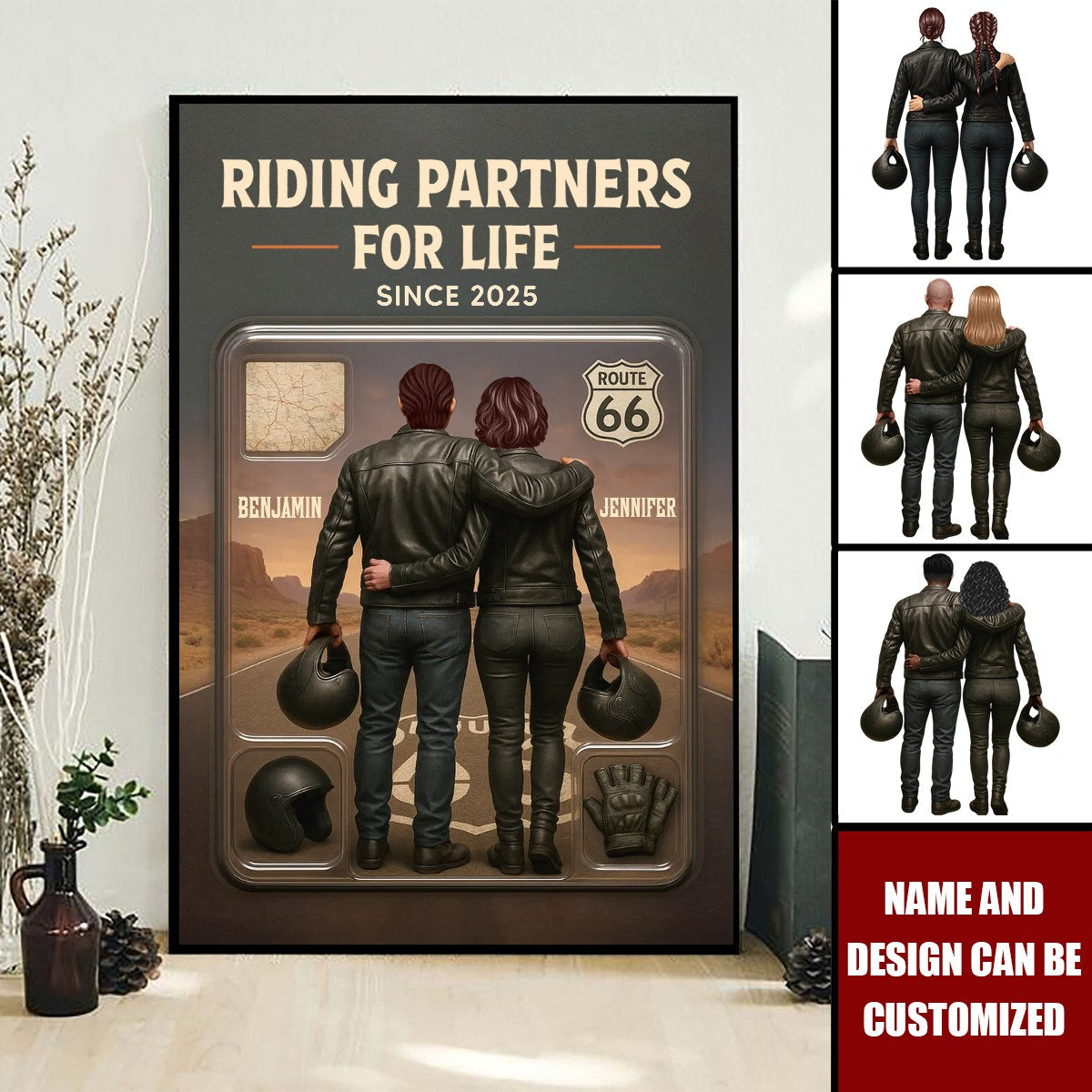 Custom Figure Couple Bikers Riding Partners For Life - Personalized Poster, Gift For Bikers