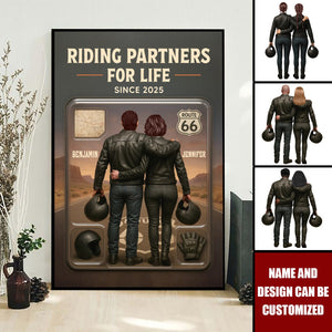 Custom Figure Couple Bikers Riding Partners For Life - Personalized Poster, Gift For Bikers