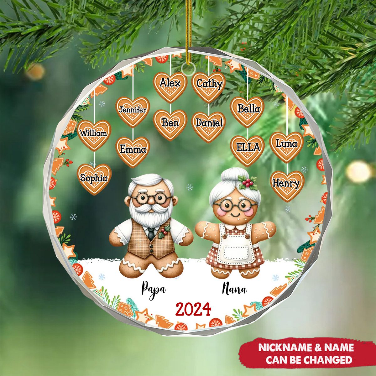Personalized Gingerbread Grandparents Circle Glass Ornament